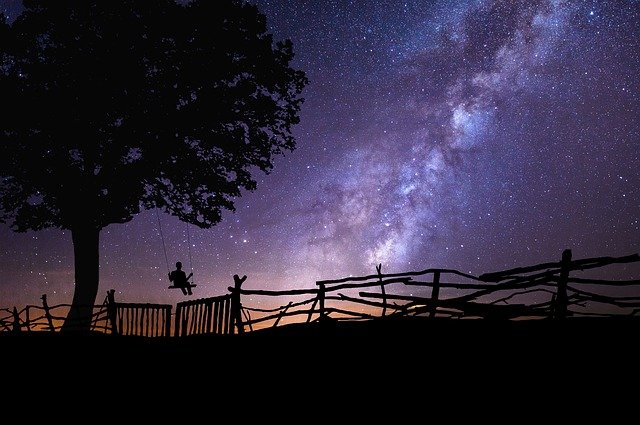 Image of a tree swing and an old fence silhouetted on a backdrop of a star-filled sky, a perfect place for writing and editing science fiction and fantasy