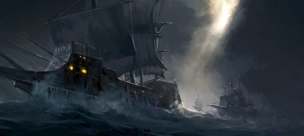 ancient warships traveling rough seas